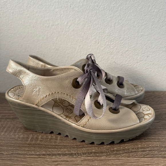 Fly London Lace-Up Metallic Ylfa Wedge Sandals, Size 39 (8-8.5) - Picture 1 of 9